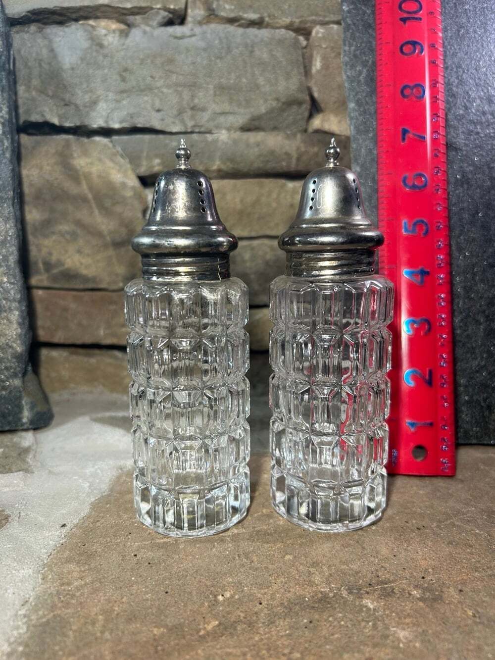 Vintage Silver Plated Salt & Pepper Shakers Pressed Glass